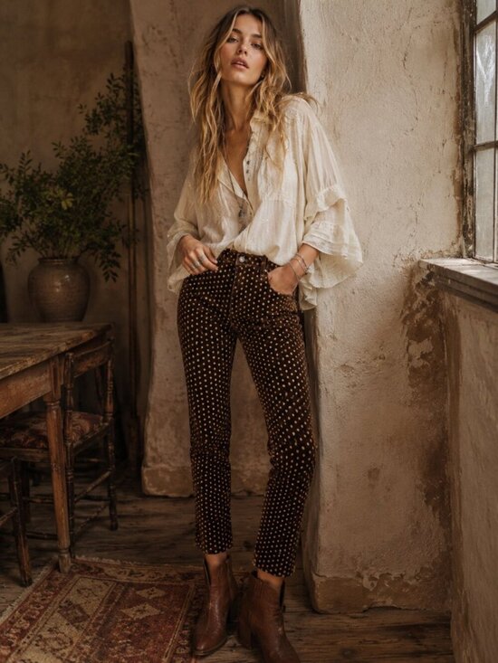 Free People Denim - Free People Brown Velvet Polka Dot Skinny Pants | Boho Stretch Ankle Pants